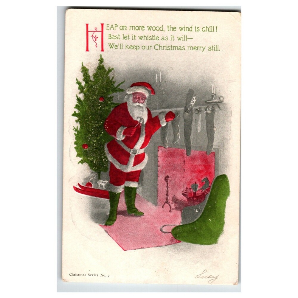 Vintage Santa Claus Christmas Postcard Embossed Glitter Tree Holiday Series 7